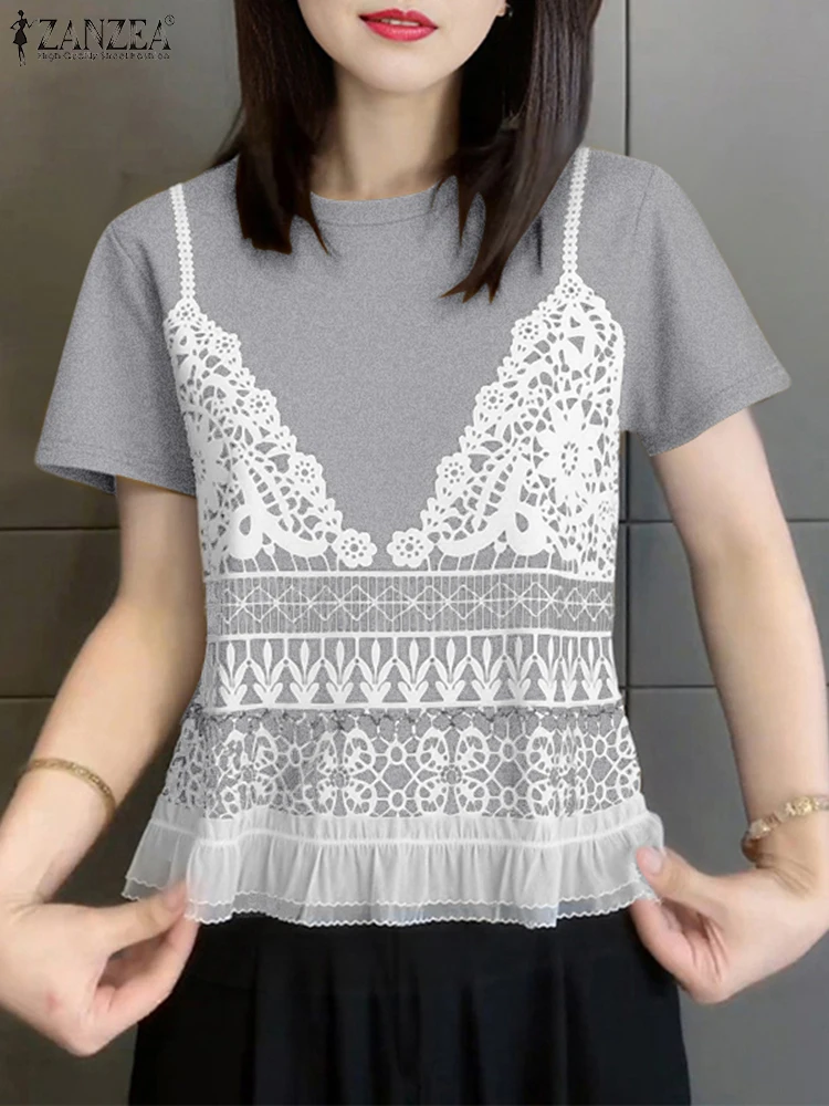 ZANZEA Fake Two Pieces Printing T-Shirts Woman Summer 2025 O-Neck Short Sleeve Contrast-Color Lace Hem Tees Korean Fashion Tops - Image 2