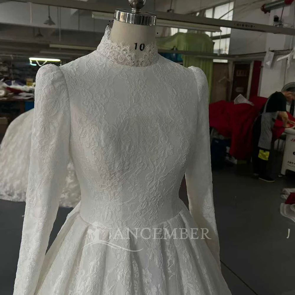 Robe De mariée De luxe personnalisée, robe De mariée princesse, col haut, manches longues, en dentelle
