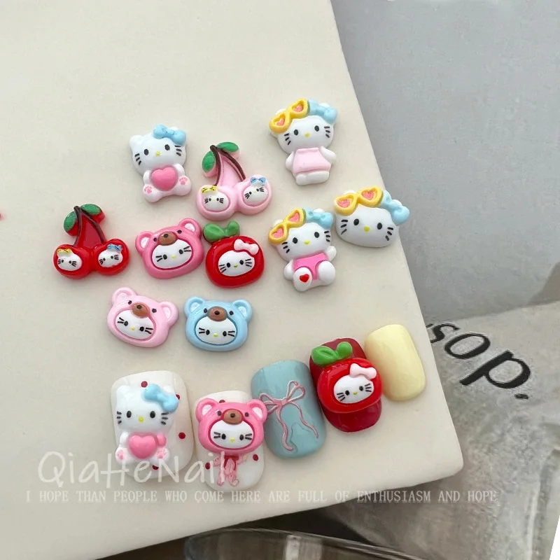 10pcs miniso hello kitty apple cherry cartoon nail charms for diy nail making kawaii cute resin nail art decoreation