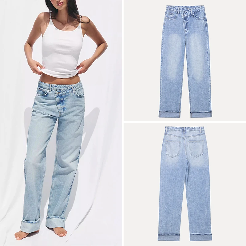 

Z High Waist Straight Leg Zipper Fly Jeans Women's Casual High Waist Long Double Flap Jeans Summer Faion plus Size