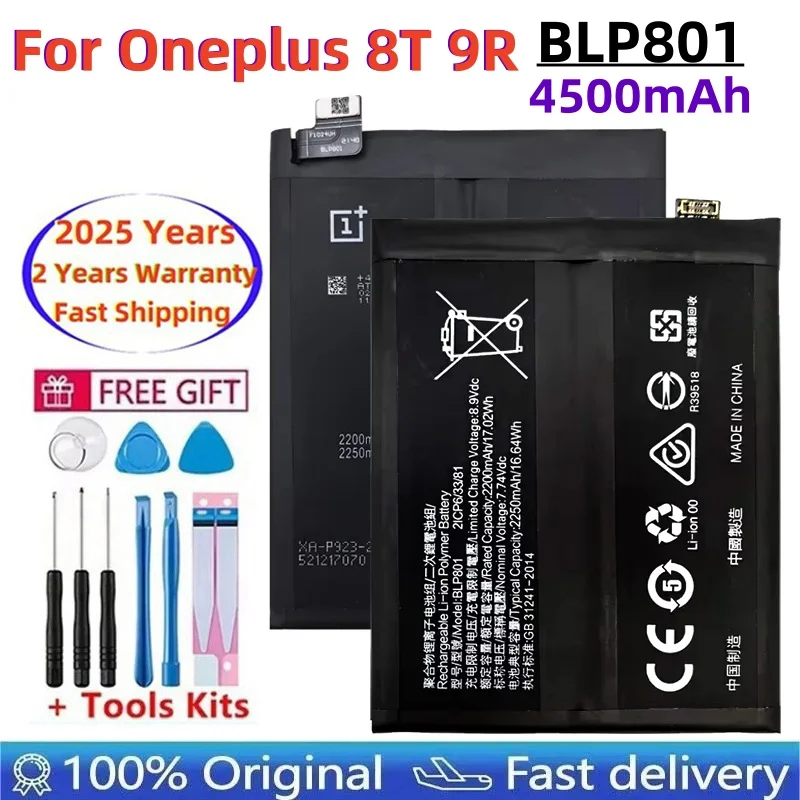 

Fast Shipping 2025 Years High Quality 1+ Original Battery BLP801 For Oneplus 8T 9R One Plus 9R 8T 4500mAh Replacement Bateria