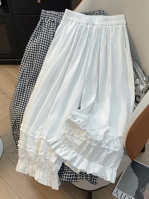 カジュアルワイドレッグパンツ レディース 重装飾フリルランタンパンツ カラーハイウエスト九分丈ルーズフィット 夏新作