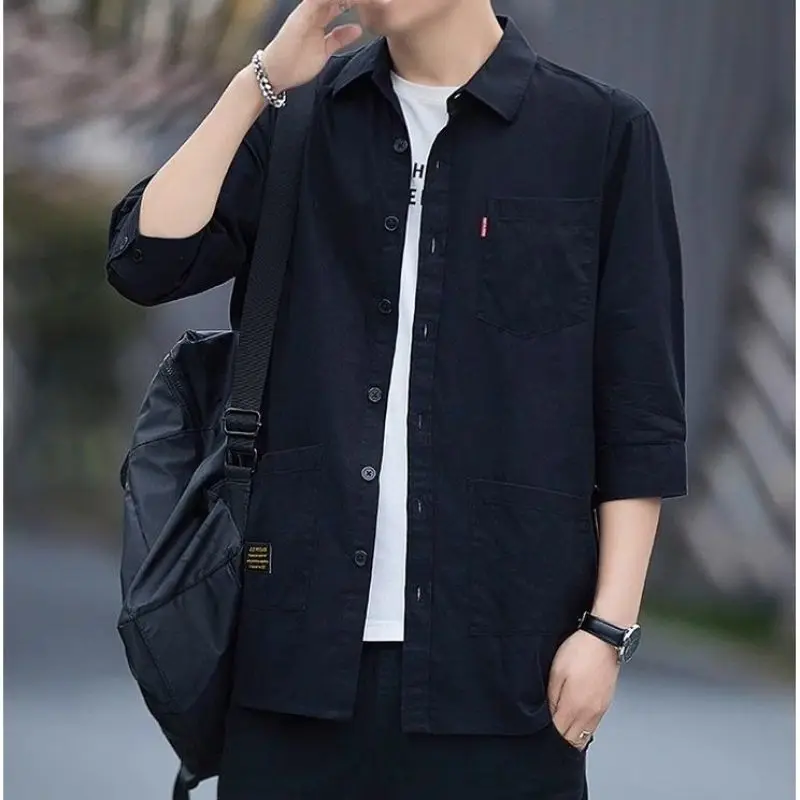 2024 Summer New Men's Solid Color Polo-Neck Button Spliced Pockets Fashion Casual Loose Comfortable Three Quarter Shirt Coats