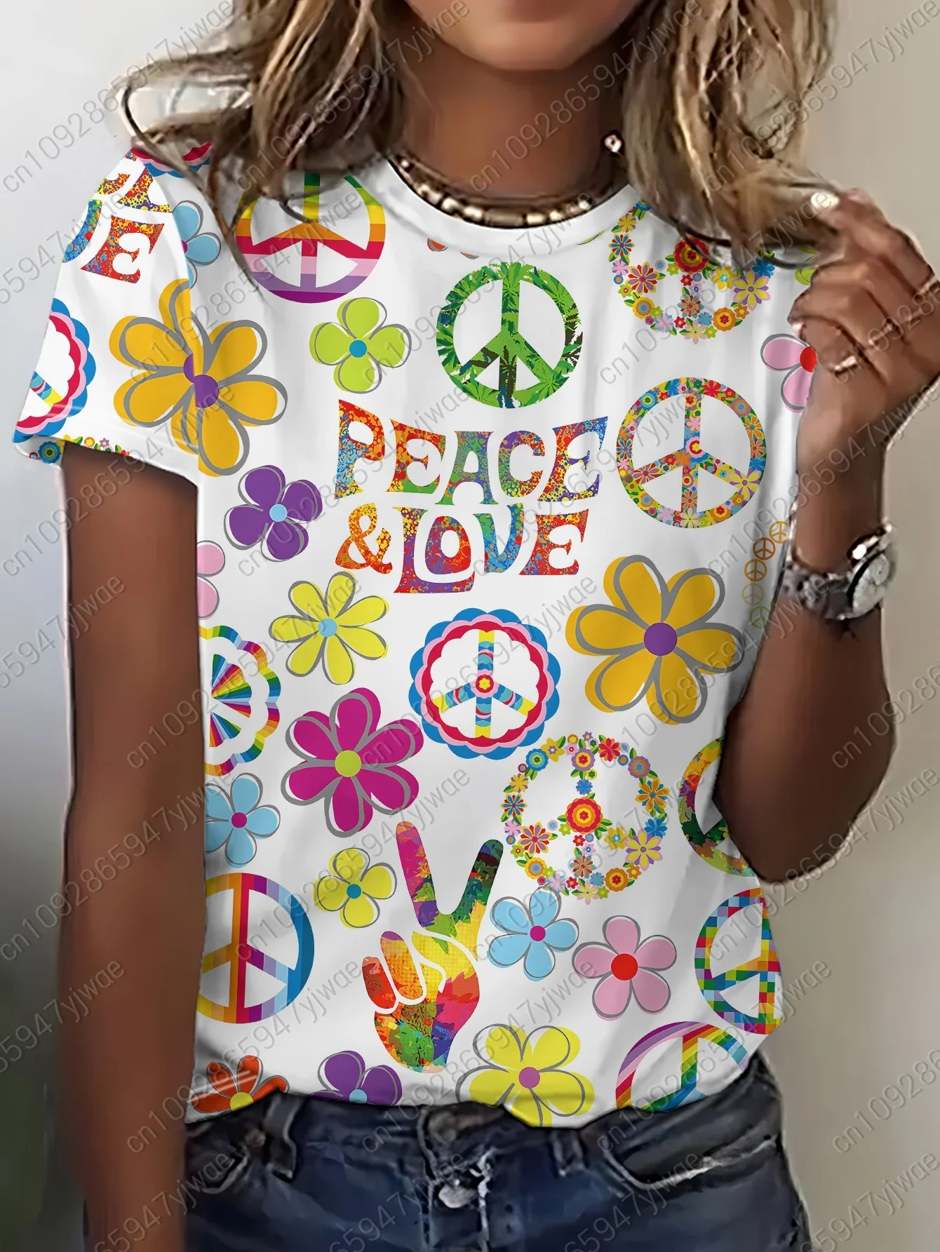 2026 Sommer Damen Kurzarm Grafik Peace Love Print Blumen T-Shirt Mädchen Rundhals Tee Outdoor Sport Erwachsene Damen T-Shirt