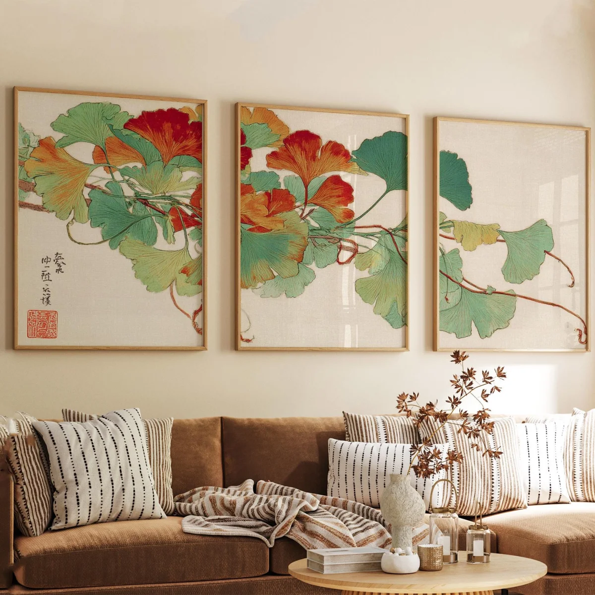 3pcs/set Japanese Ginkgo Abstract Canvas Print Poster Japandi Vintage Botanical Art Print Living Room Wall Art Home Decor Poster