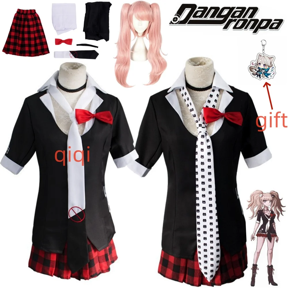 

Anime Danganronpa Cosplay Costume Enoshima Junko Uniform Cafe Work Clothes Short Skirt Double Tail Braid Wig