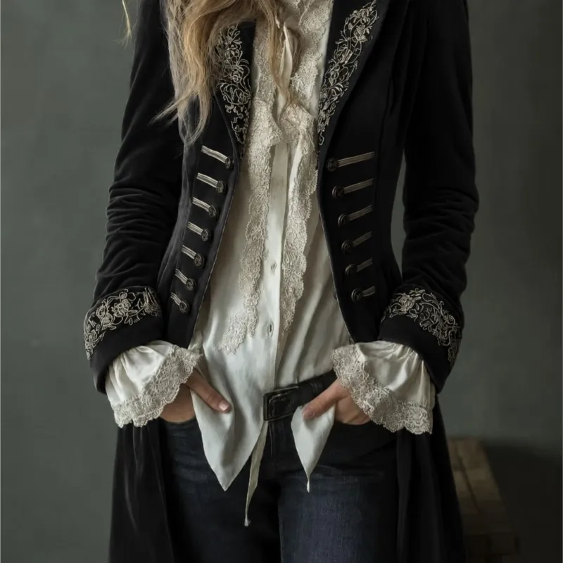 Women's Vintage Gold Velvet Jacket Blazer Spring Autumn Casual Solid Color Patchwork Lace Jacket Elegant Long Sleeve Slim Coat
