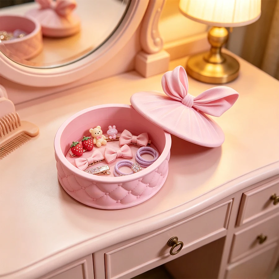 Ins Girly Style Round Jewelry Box with Lid, Bowknot Jewelry Storage Box, Decorative Ornament for Women's and Girls' Dressing Table
