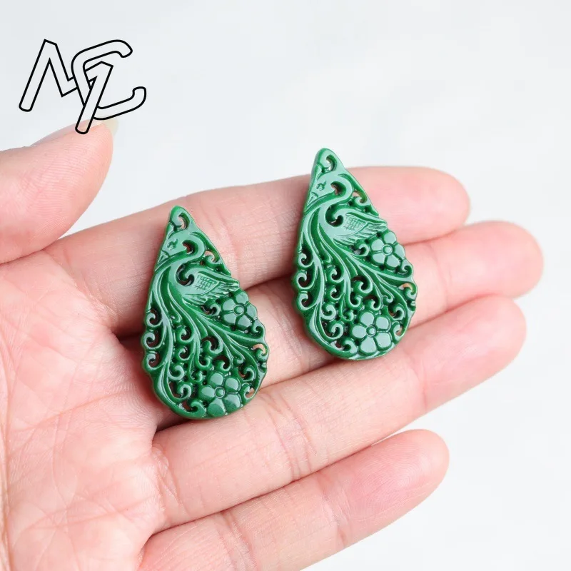 2pc Natural Jade Dry Cyan Double Sided Hollow Carving Accessories DIY Earrings Fashion Real Jewelry Charm Amulet Luxury Gifts - view 3