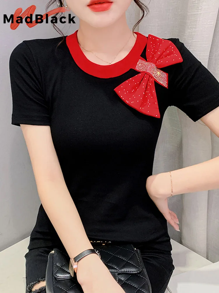 

MadBlack Summer European Clothes Cotton T-Shirt Sexy Shiny Diamonds Bowknot Women Tops Short Sleeve Color Blocking Tees T25606L