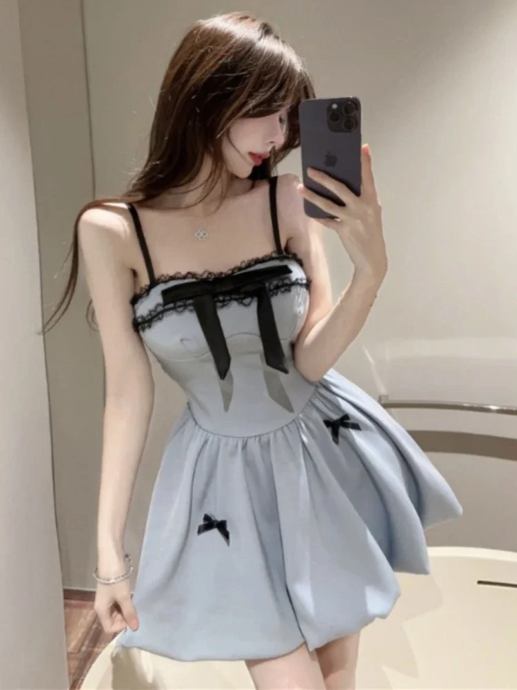 Summer Korean y2k Sweet 2 Piece Set Women Fashion Black Cardigan + Bow Lace Suspender Dress Female Chic Sweet Dress Suits