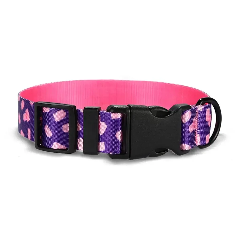 Personalized Dog Collar with Free Engraving, Matching Pet Leash,Customzied Contacts Buckle, Pink Candy Purple Pet Collar