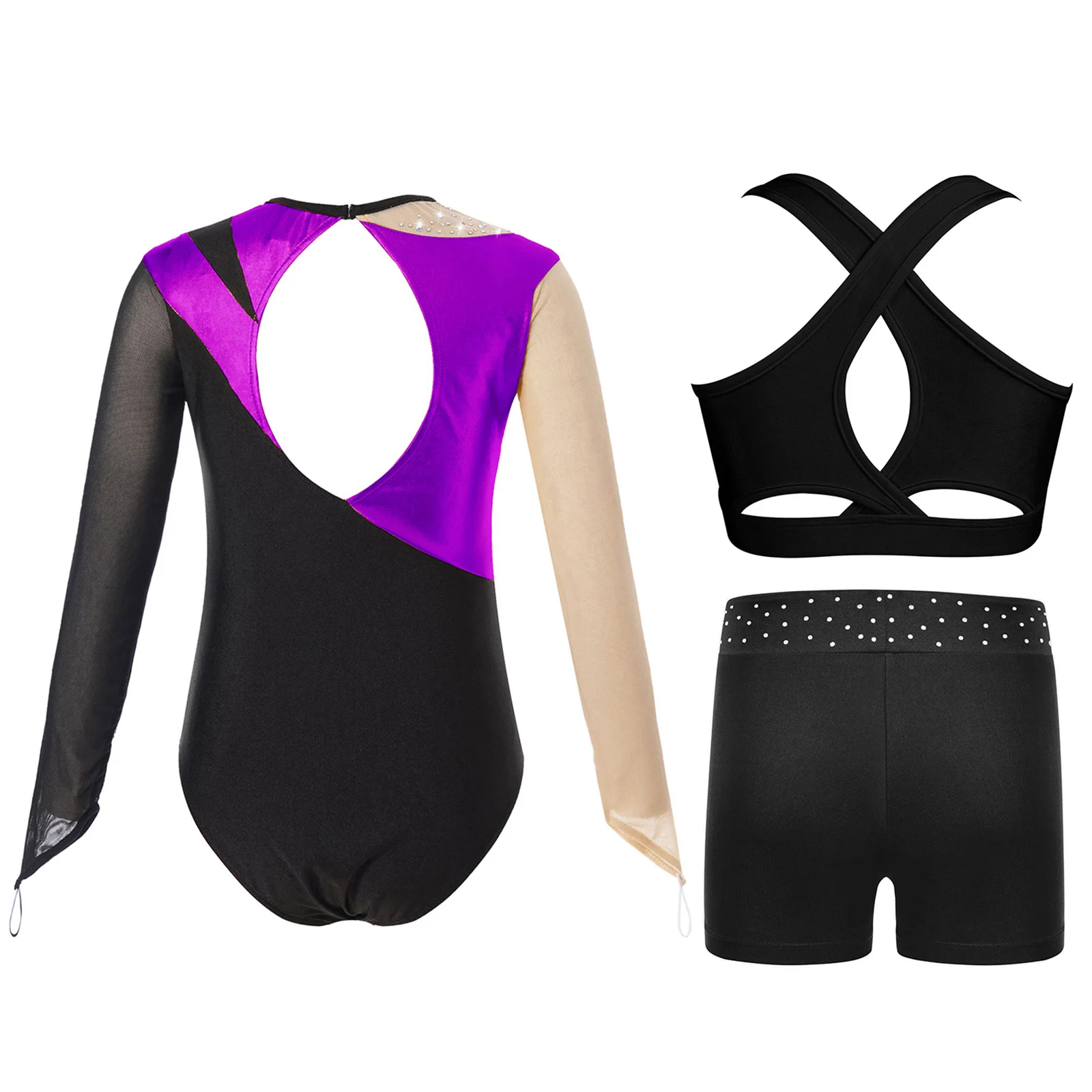 Girls Ballet Dance Leotard Long Sleeve Gymnastics Bodysuit with Vest Shorts Skating Yoga Acrobatics Sports Fitness Workout Set