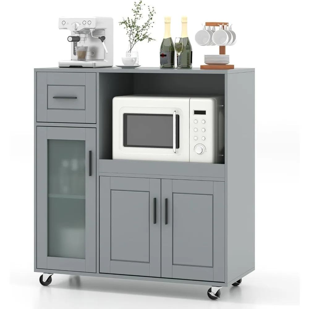 Rolling Kitchen Island Cart on Wheels, Mobile Kitchen Cart with Drawer, Open Shelf and Glass Door Cabinet, Microwave Stand Cart