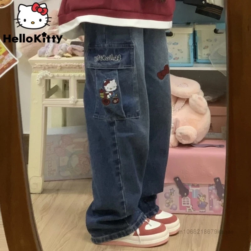 

Sanrio Women Hello Kitty Y2K Cargo Pants Denim Streetwear High Waist Jeans Trousers Goth Casual Pants Korean Straight Baggy Punk