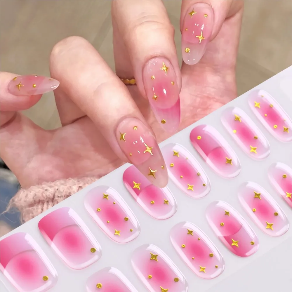 16tips Gold Star Pink Blush UV Polish Nail Strips Baking-Free Full Cover French Nail Wrips Decals Self-Adhesive Manicure Sticker