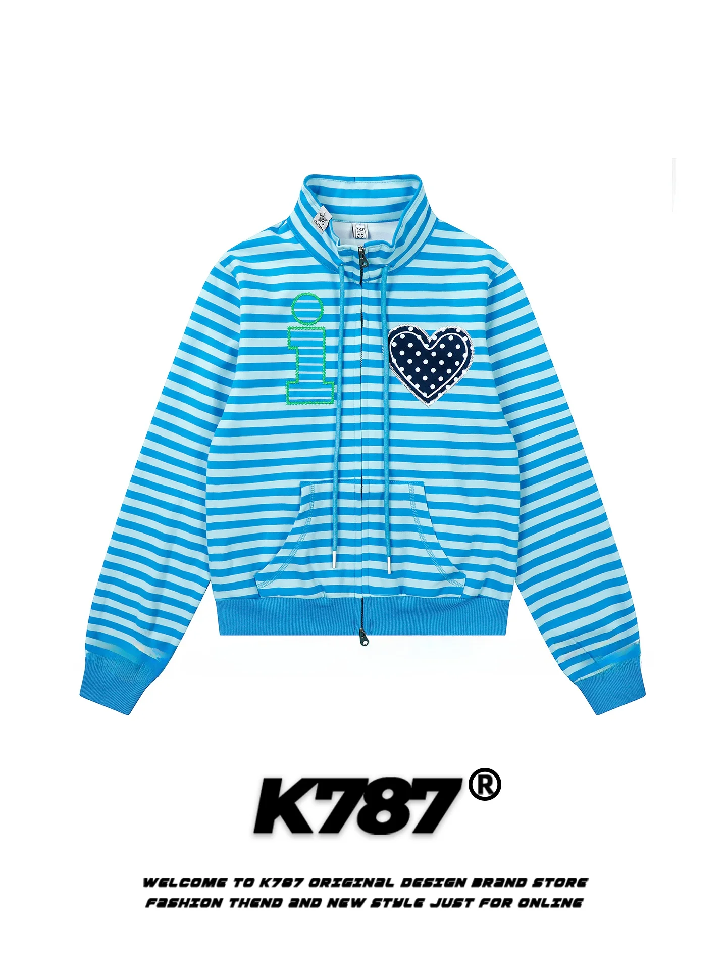 

K787 American Retro Star Embroidery Striped Zipper Hoodie Women's Loose Slimming Lazy Sle ort Coat Spring Youth Trend