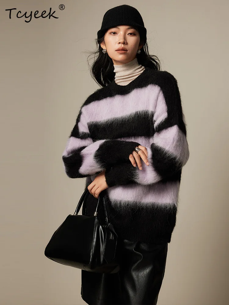 

Tcyeek, Alpaca Wool Pullovers For Woman, Round Neck Loose Soft Sweaters, Warm Knit Striped Tops, 2024 Autumn Winter T48134QM