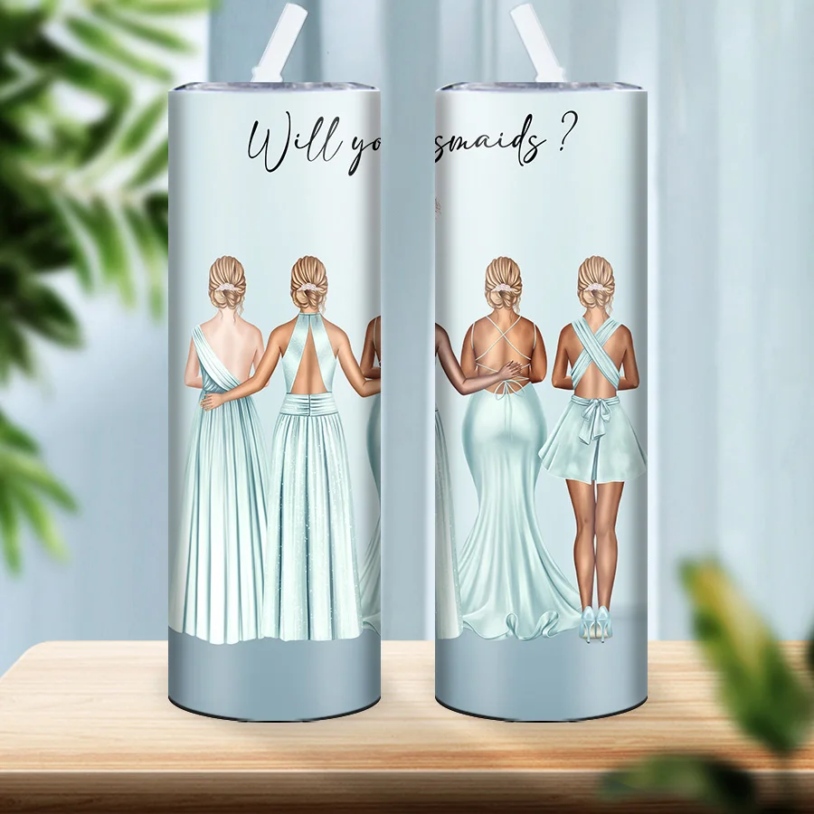 1Pc 3D print Wedding Scene Party Tumblers Lid Straw 20oz Stainless Steel Skinny Straight Mugs 3D Print bride & Bridesmaids Mugs