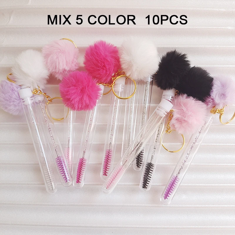 10pcs Tube Eyelash Eyebrow Brush With Gold Keychain Fur Ball Mascara Wand Applicator For Lash Extension Supplies Makeup Tool