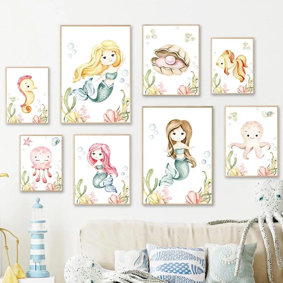 Canvas Wall Art Prints Mermaid Fish Octopus Seahorse Shell Conch Ocean Nursery Painting Posters Wall Picture Kids Room Decor