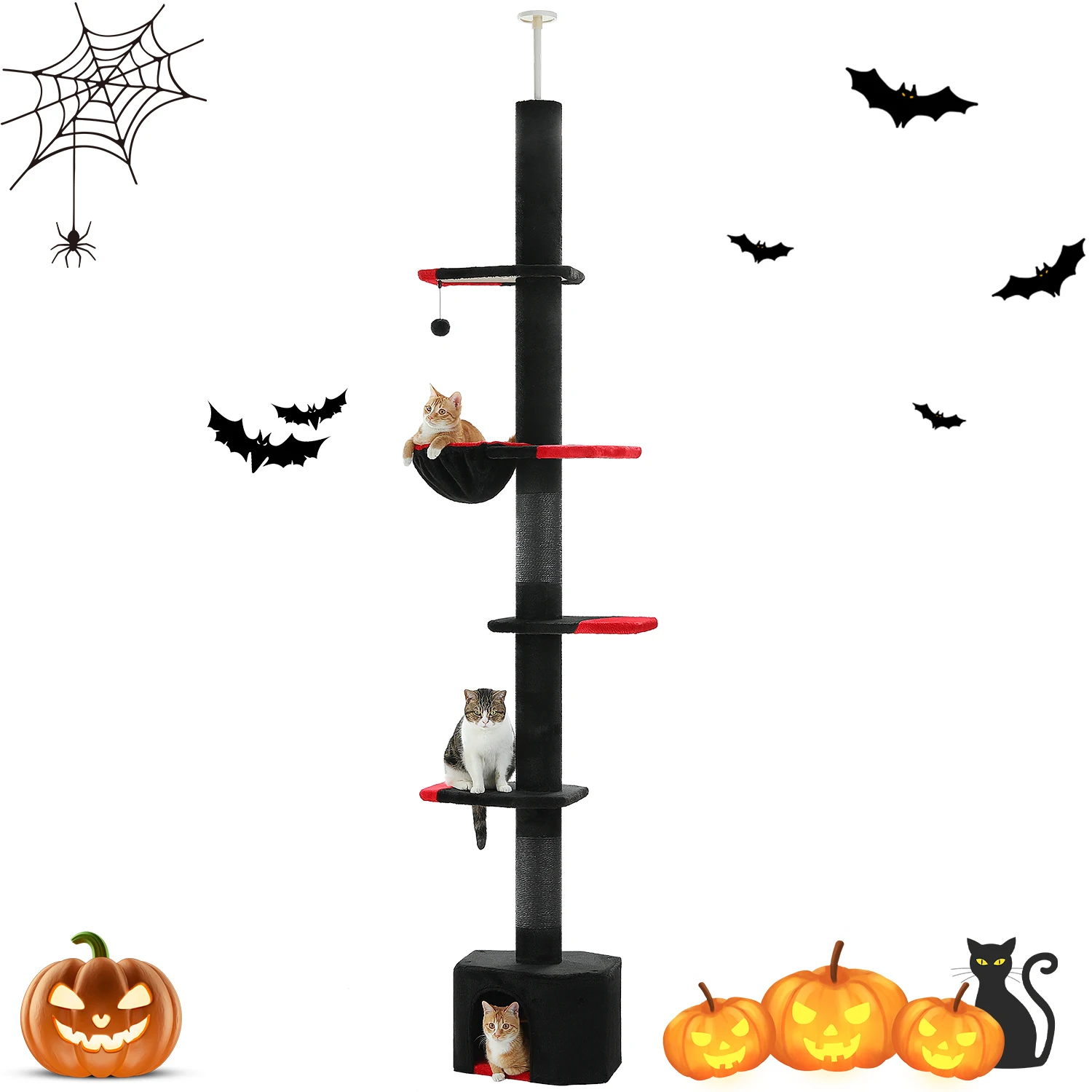 Gothic Cat Tree, Floor to Ceiling Cat Tower with Adjustable Height 5 Tiers Black Cat Condo with Cozy Hammock  Scratching Posts