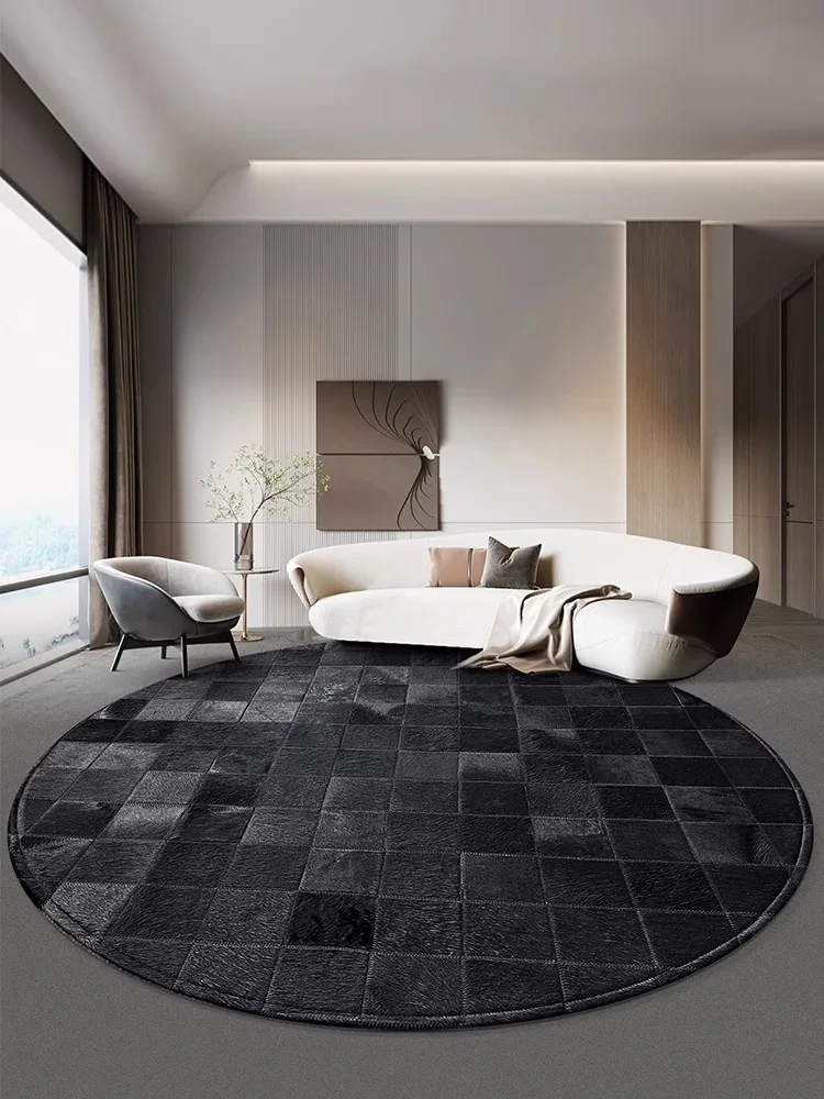 Nordic Real Cowhide Round Carpet Black Plaid Handmade Stitching Round Rug Sofa Tea Table Home Floor Mats Large Area Bedroom Rug