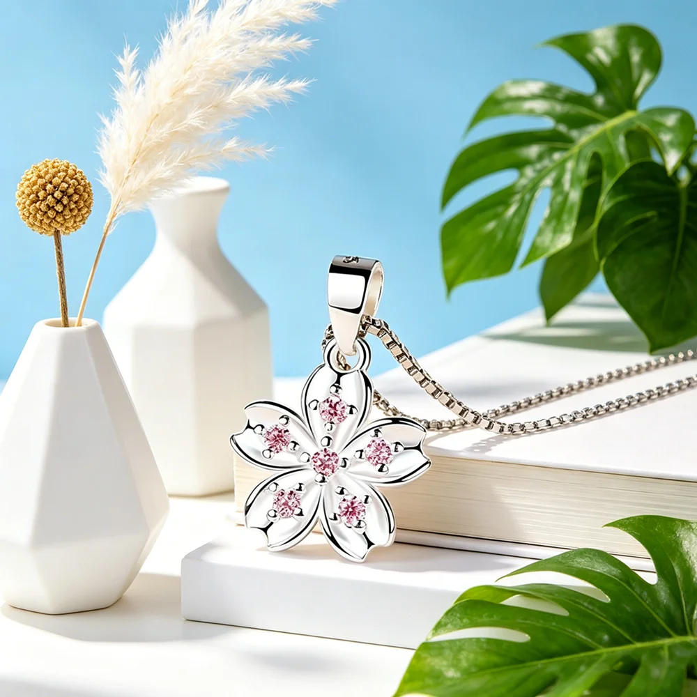 Elegant Trendy Unique Design Sweet Necklace 925 Sterling Silver Flower Shape Pendant Women Girl Appointment Party