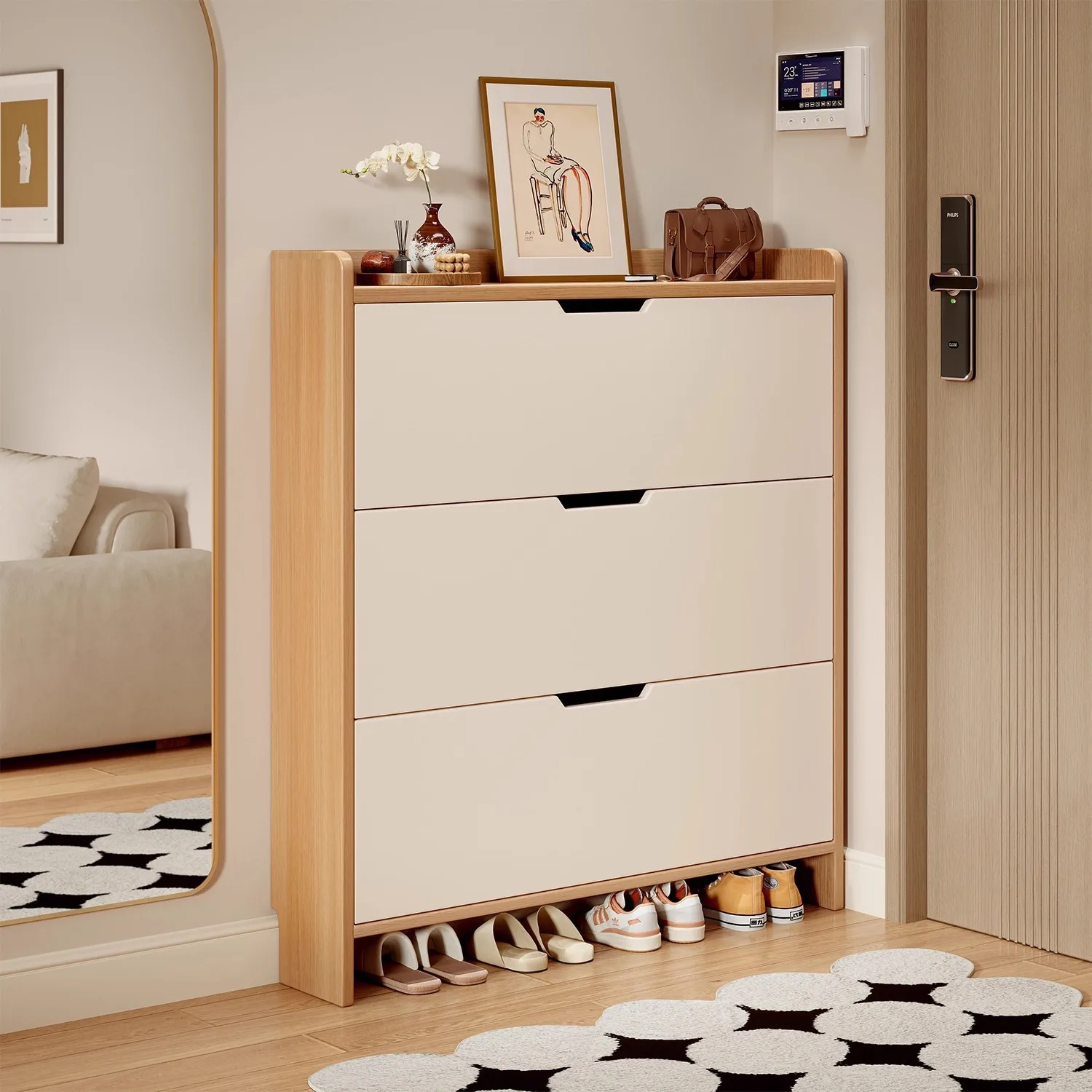 Ultra-Thin Solid Wood Shoe Cabinet Wall-Mounted Flip Drawer Entryway Organizer, Space-Saving Narrow Rack for Hallway Home