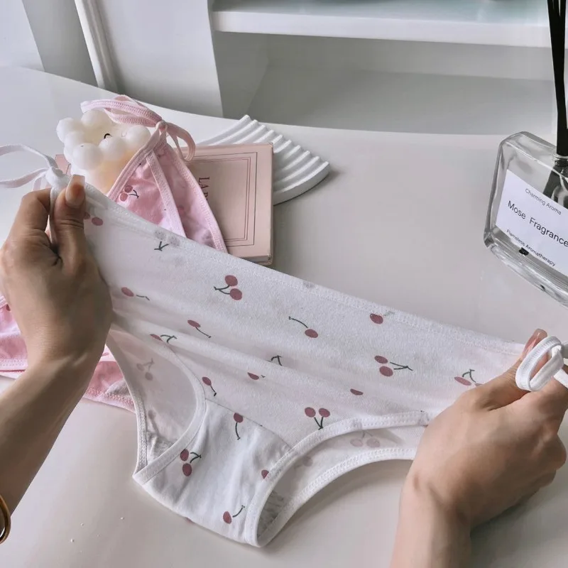 Lolita Sweet Cherry Pattern Cotton Panties Women Sexy White Pink Lace Up Strap Underwear Soft Low Waist Briefs Anime Maid Thongs - Image 5