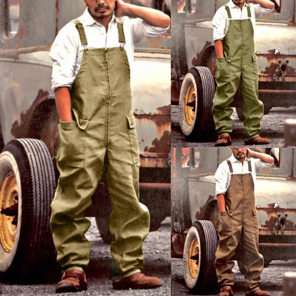 

Vintage Bib Overalls Shrink-resistant Solid Color Skin-friendly Long Pants Square Neck Cargo Jumpsuit Men Romper Wide Leg