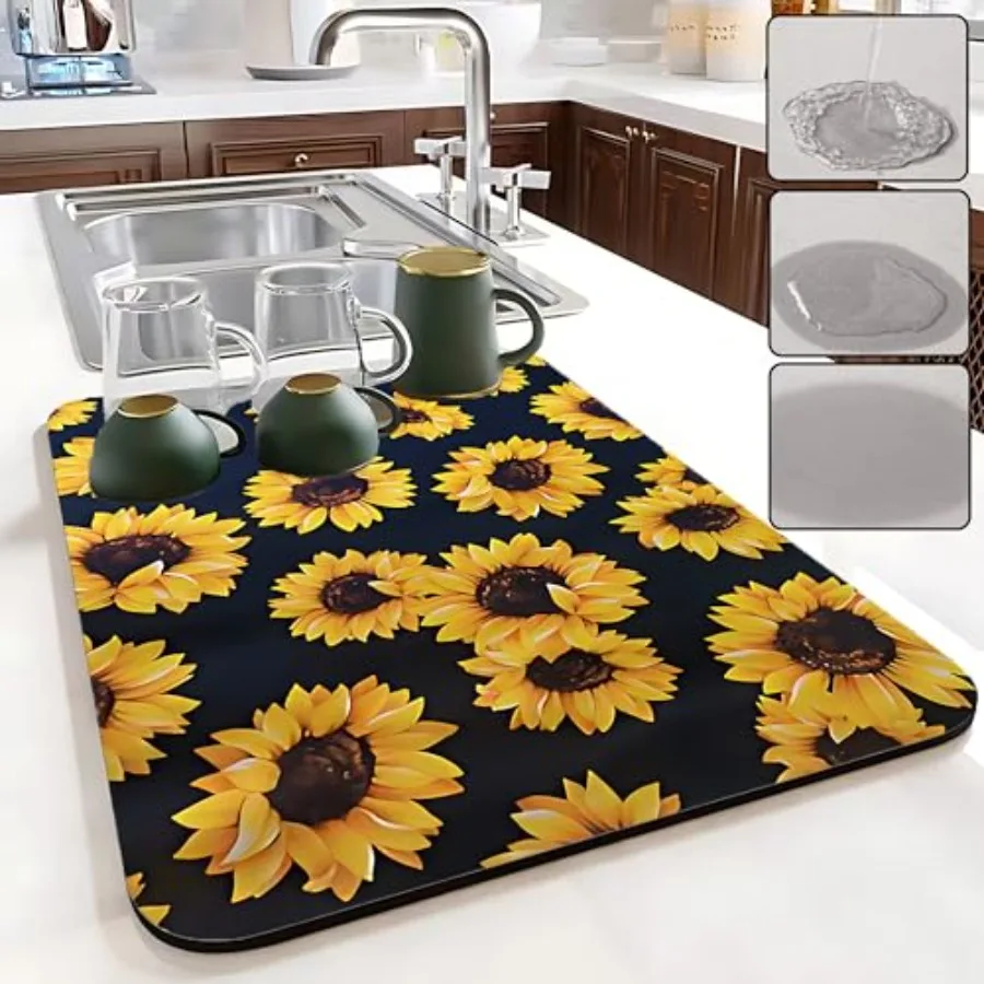 

Dish Drying Mat Foldable Fall Kitchen Drying Mat Absorbent Sink Mat MultiPurpose Coffee Pad Easy to CleanKitchen Gadgets Sunflo