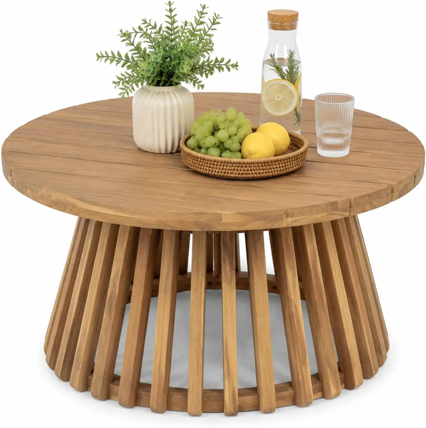 Round Outdoor Coffee Table for Patio, 31.5 Inch Acacia Wood Side Table | Farmhouse Outside Coffee Table for Garden, Balcony, Poo