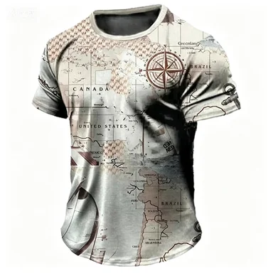 T-shirt à manches courtes pour homme avec imprimé boussole géométrique foncé et motif abstrait