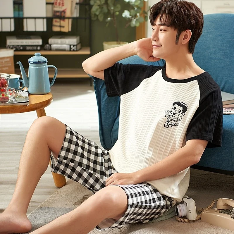 Pajamas Men\'s Summer Cotton Short Sleeve Shorts Casual Simple Loose Large  Round Neck Wear Home Suit