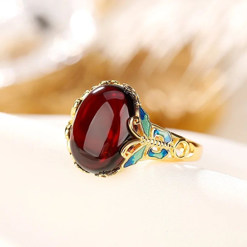 Classic Charm Red Gem ellipse rings for women translucent Antique Gold Craftsm Cloisonne Butterfly Ring Retro Banquet Jewelry