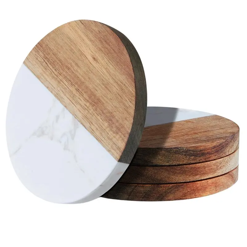 CYCLI-Elegant Design Wooden And Marble Coaster Set For Coffee Tables, Ideal Perfect For Protecting Furniture