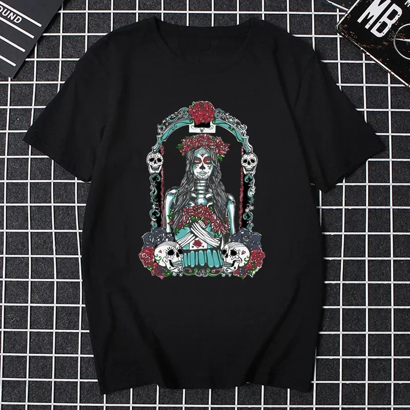 Santa Muerte T Shirt Men Women Lady of Holy Death Mexican Skull T-shirt Graphic Tee Tops Short Sleeve Streetwear Cotton Shirt