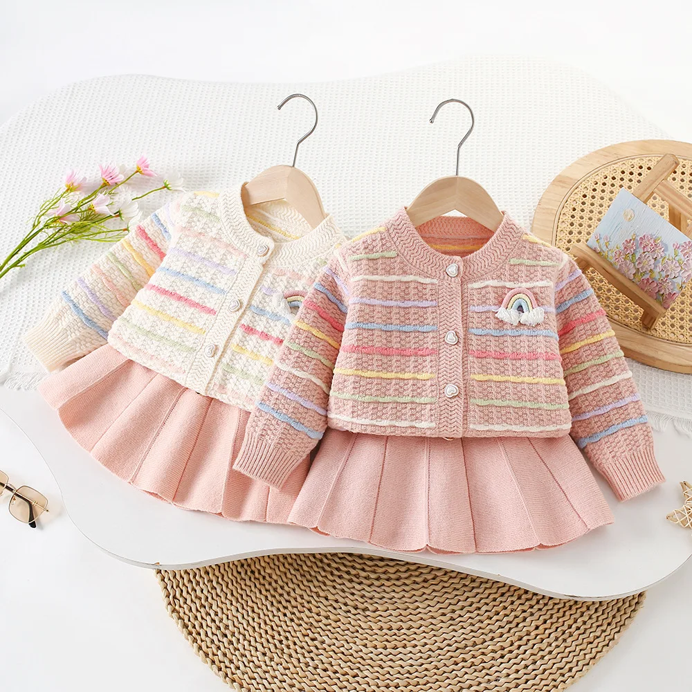 

Girls Knitted Clothing Sets Spring Autumn Children Woolen Jersey Sweaters Coats Skirts Kids Princess Dress Suit For Baby Outfits