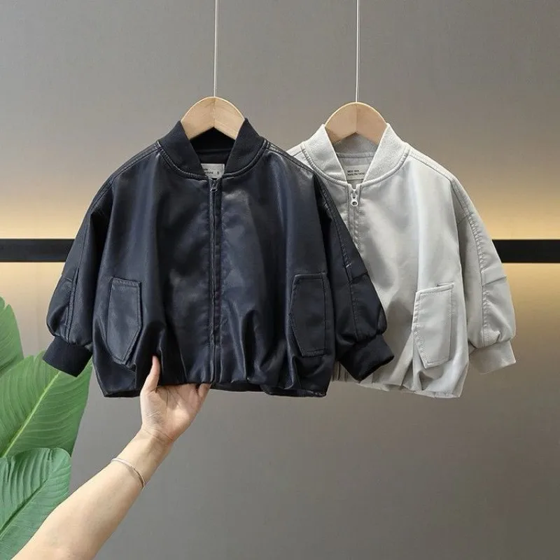 Spring Autumn Boys Leather Jacket Stylish New Fashion Children's Casual Leather Bomber Jacket Trendy And Handsome
