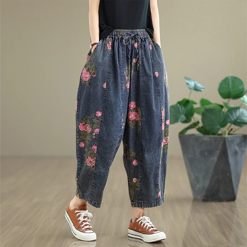 

Rose Flower Print Denim Pants for Women Summer Fashion Good Quality Elastic Waist Loose Casual Ankle Length Harem Jeans