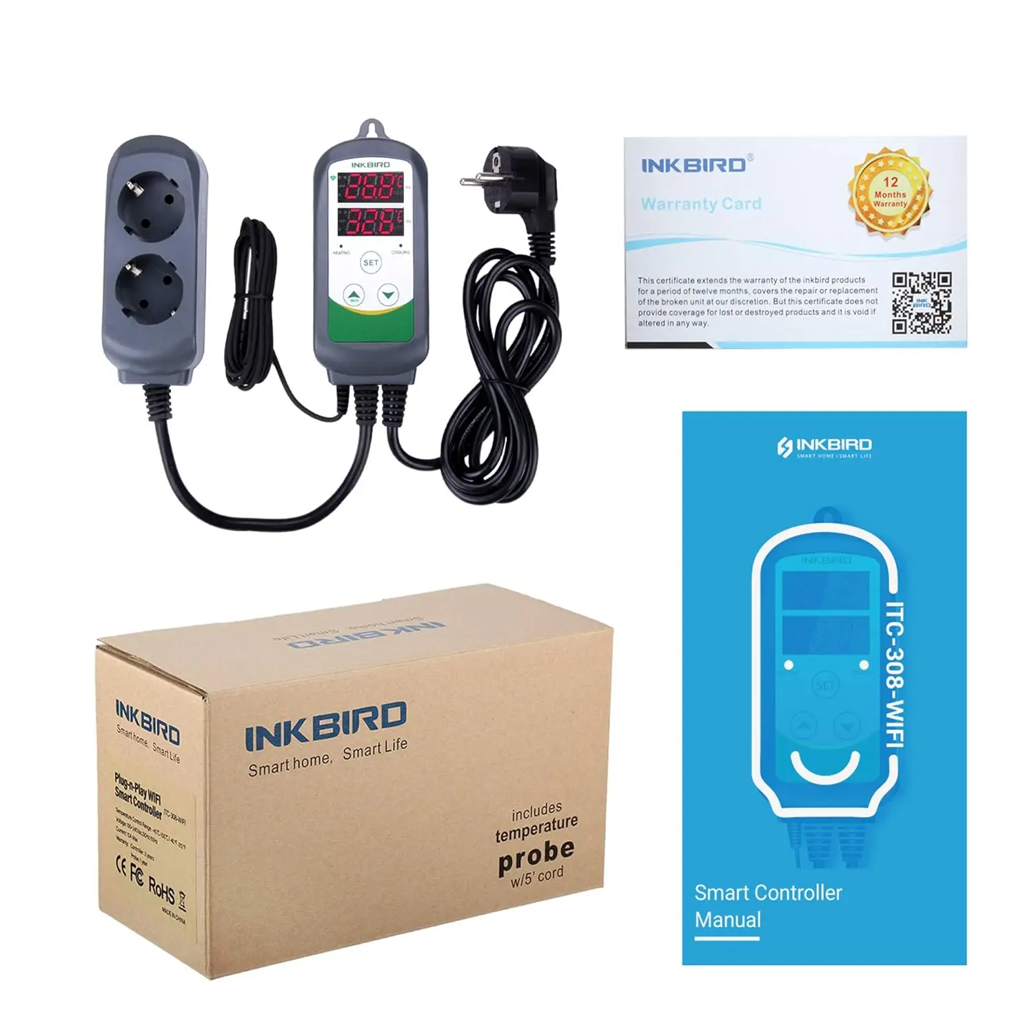 INKBIRD ITC-308-WiFi regolatore di temperatura digitale 220V termostato presa spina ue per palloncino in vetro, fermentatore, serra