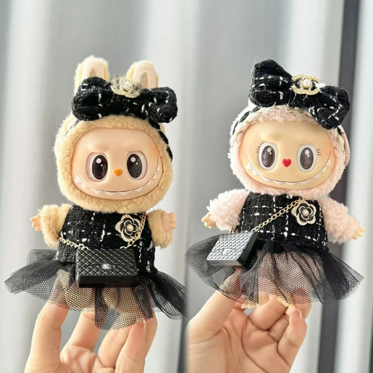 17cm Plush Doll's Clothes The Monster Labubu Outfit Accessories Clothing DIY Kids Gift Black Camellia Dress Shoes Set YD02A