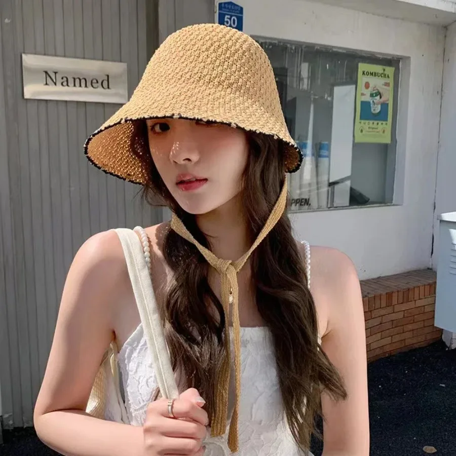 

Ladies Caps Summer Korean New Lace Up Bucket Hat Woven Straw Women Fisherman Sun Hat Brim Hat Beach Cap for Women