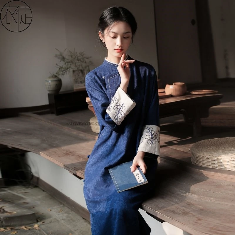 

Traditional Vintage Qipao National Cotton Linen Folk Dress Chinese Improved Jacquard Cheongsam Embroidery Retro Zen Clothes