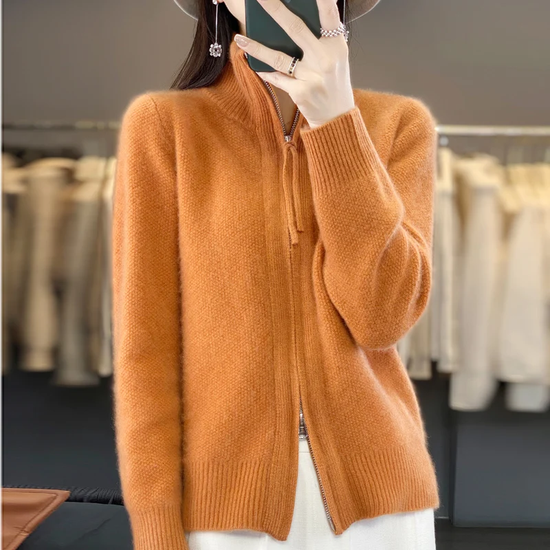 Gestreifter Herbst/Winter neuer Strickjacke aus 100 % Merinowolle Kaschmirpullover Damen-Strickjacke mit halbem Rollkragen und warmem Strickhemd unten