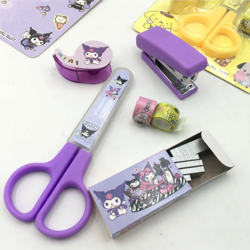 Cartoon Sanrio Stationery Set Kuromi Kitty Student Scissors Stapler Tape Combination Kid Gift Home Book Binding Machine Stapler