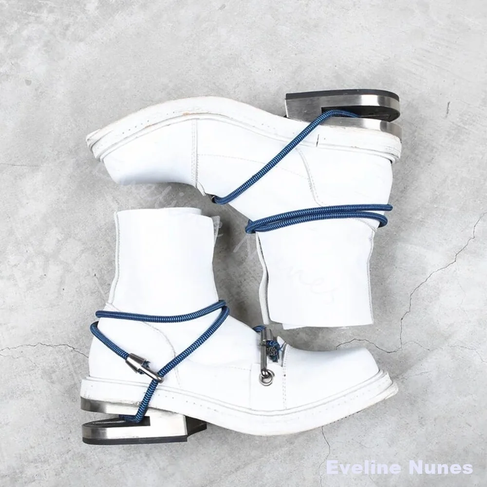 Men White Genuine Leather Ankle Boots Blue Coiled Rope Decor Hollow Metal Block Heel Hiking Boots Stylish Non-slip Ankle Boots