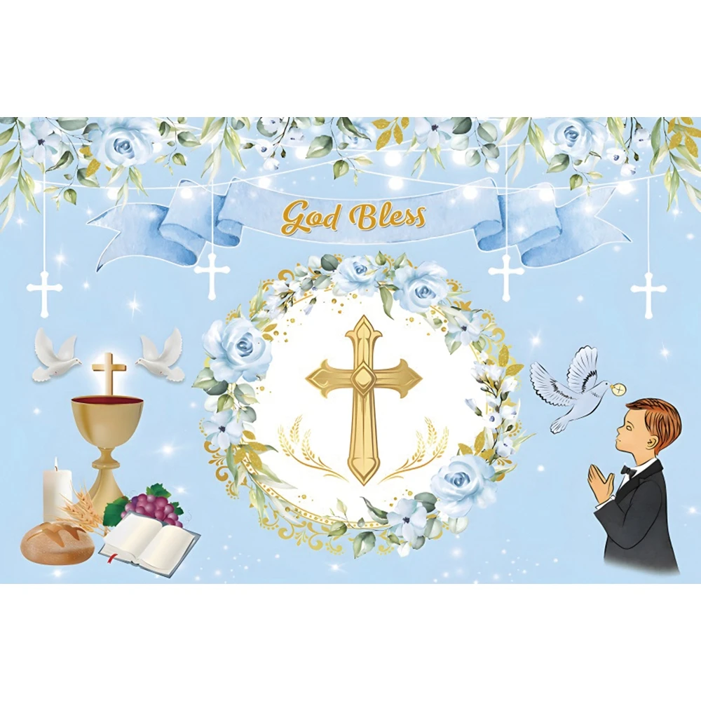 Girl Boy Holy Communion Backdrop My First Communion Baptism Cross Grail God Bless Baby Shower Birthday Photography Background