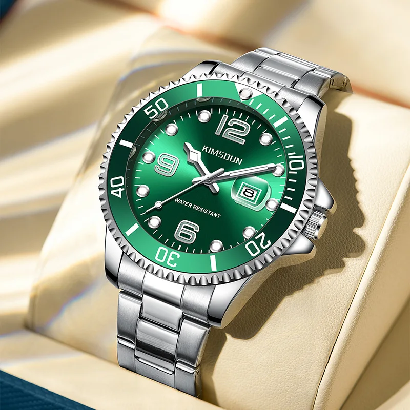 

KIMSOUN Men's Green Dial Quartz Watch Stainless Steel Waterproof Date Display Luminous Hands Casual Business Sports Wristwatch
